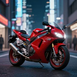 uncropped photo of Akira bike :: ultra realistic render of Akira motorbike in the streets of Tokyo at night, octane render, cyberpunk, 8K, depth of field, bokeh, Akira moto, Akira red bike, ultra detailed, photorealistic