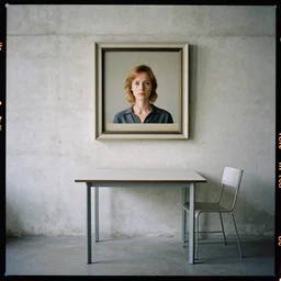 kodak portra 4 0 0, 8 k, highly detailed, britt marling style, award winning colour still - life portrait of a concrete wall, a square pictureframe is the main actor. a minimalistic table and a minimalistic chair on the floor, 1 9 2 0 s minimalism style