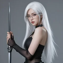 a beautiful + white hair + cool glasses + holding weapon + tights + ana de armas, beautiful and smooth soft light, grey background, cinematic lighting, photography, realistic photo, 7 0 mm lens, 4 k, highly detailed, instagram,