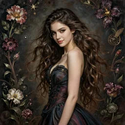portrait of a young female wizard in flowing sensual dress, arrogant, long fine flowing hair, delicate, looking at camera, slight nerdy awkward smile, realistic face, stylish, elegant, grimdark fantasy, flowers, extremely detailed painting inspired by Gerald Brom and Ernst Haeckel and Carvaggio , studio lighting