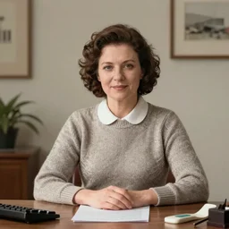 a colour photographic portrait of a secretary sitting behind a desk, clothes in 1 9 7 0 th knitted burda style,