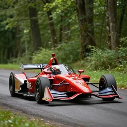 indycar driving in a forest with a red barchetta