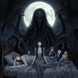 my bed giant girl cthulhu in the dark moon light monster horror by gaston bussiere, anna nikonova aka newmilky, greg rutkowski, yoji shinkawa, yoshitaka amano, tsutomu niehi, moebius, donato giancola, geoffroy thoorens, concept art, trending on artstation, featured on pixiv, cinematic composition, 8 k