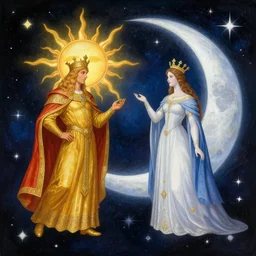 sun king and moon queen in the cosmic court of mystical astronomy, art by james c. christensen and donato giancola