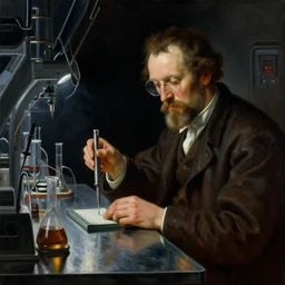 a close - up still life painting of a futuristic mad scientist's laboratory. dark surroundings.. deep reflective colors. renaissance masterpiece. highly detailed sci - fi fantasy painting by norman rockwell, frank frazetta, johfra bosschart, and syd mead. rich colors, high contrast, dark background. artstation