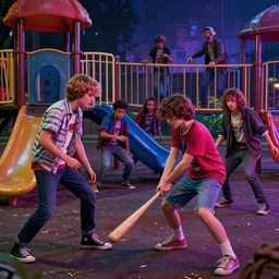 young punk rockers fighting against zombies at the playground, by baseball bat in the retro wave stranger things style, neon colors, hyper detailed, digital art, cinematic lighting, concept art by artgerm and greg rutkowski and caravaggio and moebius and jakub rebelka