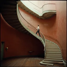a man building a winding staircase as he walks up it, film still from the movie directed by wes anderson with art direction by zdzisław beksinski and m. c. escher, wide lens