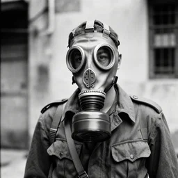 A photograph of a man in a gas mask and military fatigues, in the Kowloon Walled City. Film Noir. High Contrast. Black and White.