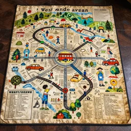 an elaborate and dense painting of a kids road map carpet rug, detailed, made of alcohol ink on parchment and penned illustrations, by wes anderson and geoff darrow!!!!!