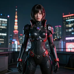 A fantasy book style of a cyberpunk warrior girl wearing black & reddish mecha cyber suit, symmetrical face, on rooftop Tokyo cyberpunk feel night, dramatic light, rim light, unreal engine render, octane render, hyperrealism