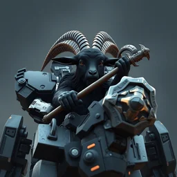 ''a black 3 d goat holding the mjolnir in a big robot mecha, rpg, ultra realistic 8 k''