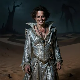 portrait of mischievous, dangerous old Johnny Depp, smiling as a queen of fairies, dressed in a worn out silver dress. The background is a dark, creepy Middle eastern desert.  night, horroristic shadows, high contrasts, lumnious, foggy effect,  photorealistic, dreamlike, mist filters, theatrical, oil canvas art by Henry Meynell Rheam and Cesare Saccaggi