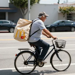 a old man riding a bicycle in los angeles carrying a bag of mcdonalds, photorealistic