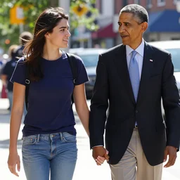 street photography of Joe Biden and Barack Obama as a young adult couple holding hands. Skinny tall Latino short dark brown hair male, thick short Filipino long hair female. Colorful sunny day Nikon p500