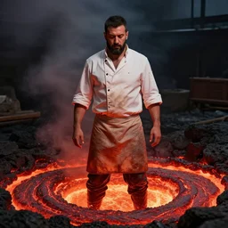 a calm pizzaiolo standing knee deep in red hot lava, extremely detailed historical photo