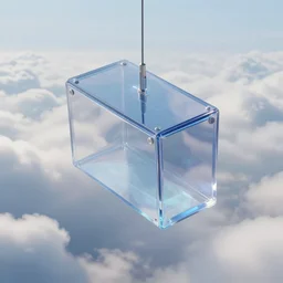 a computer generated image of a glass box hanging from a tether from the clouds, dynamic perspective, surrealism, concept art by dom qwek, trending on cg society, futurism, futuristic, volumetric lighting, aesthetic