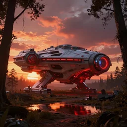 futuristic giant starship, in the woods, puddles of water, stunning volumetric lighting, sundown, trending on Artstation, 8k, photorealistic, hyper detailed, unreal engine 5, cinematic, epic lighting, cryengine, octane render, cyberpunk, red and orange glow, dark, gloomy