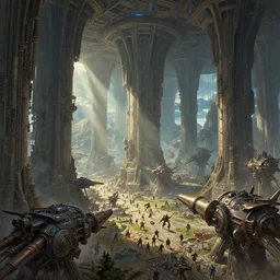 the depths of a vast artificial world with massive towering pillars holding the ceiling of the landscape up, detailed, dense coloration, energetic beings patrolling, extreme depth, wayne barlowe and peder balke collaboration, godrays, colossal hovering machine automations of brutalist design visible in the foreground
