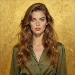 epic painting drawing, full figure portrait of beautiful supermodel wearing olive blouse, long wavy hair with tea leaves, photography by amy leibowitz, wlop, jeremy lipkin, beeple, intricate, symmetrical front portrait, artgerm, golden glowing background