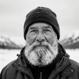 portrait of old man from alaska with beard, black and white, art station, 3 5 mm lens