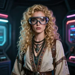 vertical portrait of ancient jew female with space glasses, blonde, curly hair, cyberpunk style, native costume, standing in the dark room, under neon, extremely fine detail background, highly detailed, detailed eyes, high quality, fashion editorial photography, hyperrealistic, from vogue magazine