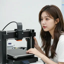 Beautiful young woman operating a 3D printer with a curious look on her face