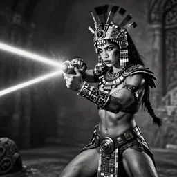 action fight, aztec princess fights with laser, Aztec jaguar armor, vertical composition, inspired by monster hunter and dark fantasy and mad max, beautiful muscular body, clean brutal blooded  symmetrical face,  subtle make up, epic,dramatic lighting, cinematic, establishing shot, extremely high detail, photorealistic,  brutal, provocative , cinematic lighting, artstation, octane render, dark fantasy ,old photo, vintage, black and white, Boris vallejo