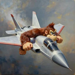 a cinematic view of donkey kong flying a jet, oil on canvas, masterpiece, trending on artstation, featured on pixiv, cinematic composition, dramatic, beautiful lighting, sharp, details, hyper - detailed, hd, hdr, 4 k, 8 k