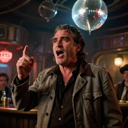 the medium shot of singing old drunkard ( ( ( ( ( joaquin phoenix ) ) ) ) ) with sideburns worn in old grey jacket in the scene in steampunk bar, still frame from movie with cinematography of christopher doyle, neon lighting reflecting from disco ball, anamorphic lens, optical flares, award winning photo, 8 k