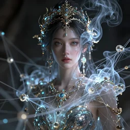 portrait of a beautiful woman, smoke tendrils, a string structure, chaotic ferrofluids, occult, octane render, glow, dramatic lighting, intricate fine ornaments, translucent, lighting 8k, cinematic, blur, shallow depth of field, neuro web, plasma