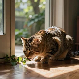 house cat eating a vine in the living room next to a door by greg rutkowski