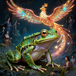 beautiful frog, intricate lights, phoenix, bio luminescent, plasma, by ruan jia and artgerm and range murata and wlop and ross tran and william - adolphe bouguereau and beeple. key art. fantasy illustration. award winning, artstation, intricate details, realistic, hyperdetailed, 8 k resolution.