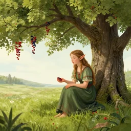 yggdrasil tree of world and very very very very beautiful elf girl collecting berries on grass under the tree, illustration, photo realism, nordic folk