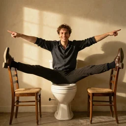 cinematic still, Jean Claude Vandamme doing the splits, doing the spilts with his legs going pointing two separate directions, between two chairs over a toilet, golden hour, smiling, award winning, trending on artstation