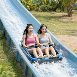 girlfriends going down a waterslide