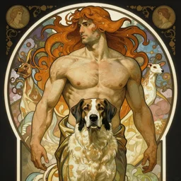 beautiful illustration of a dog as a god with alphonse mucha and craig mullins, gorgeous, amazing, flowing hair, muscular, very muscular male body, in the style abigail larsonand and sam guay, rim light, beautiful lighting, 8 k, stunning scene, octane, trending on artstation