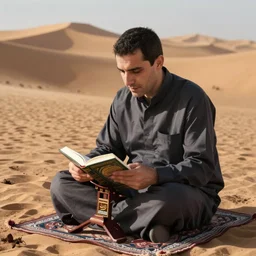 eric zemmour reading quran, sand desert background, realistic footage