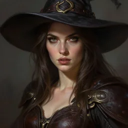 close up portrait of a ruggedly handsome female witch, soft hair, half body, leather, d & d, fantasy, intricate, elegant, highly detailed, digital painting, artstation, concept art, smooth, sharp focus, illustration, art by artgerm and greg rutkowski and alphonse mucha