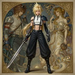 full body portrait of a female cloud strife from ff 7, intricate, highly detailed, ray tracing, digital painting, artstation, concept art, smooth, sharp focus, illustration, art by artgerm and greg rutkowski and alphonse mucha, 8 k