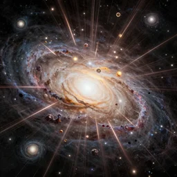 galaxies collide, cosmic rays bursting outwards, artwork by damon soule and manabu ikeda
