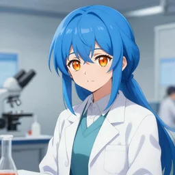 scientist girl in a lab coat, blue hair, orange eyes, shiki wakana, anime, pixiv, sharp, detailed, high quality, by greg rutkowski, artgerm