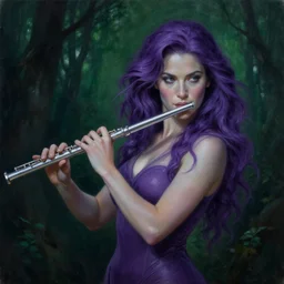 painting of alluring woman in the darkened green forest at midnight, detailed face, flowing purple hair, skintight tunic, silver flute, smooth, sharp focus, award - winning, masterpiece, extremely detailed, intricate, art by rebecca guay, rossdraws