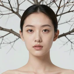 professional close - up wide portrait of a beautiful woman, tree branches, dendritic, dream symbolism, surreal, simon stalenhag, chie yoshii, casey weldon, martine johanna, tim walker, harper's bazaar art fashion magazine, id magazine, intricate, 8 k render in octane, sharp focus, award winning landscape photography