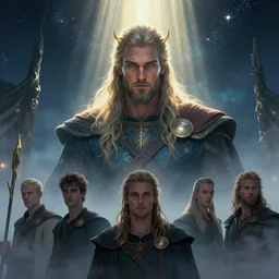 vali, beautiful male norse god of vengeance, god rays, starry night sky, norse longhouse, fog, octane render, rossdraws, tom bagshaw, ross tran, charlie bowater, greg rutkowski, artgerm, alphonse mucha, 1 6 k, soft lighting, character illustration, headroom