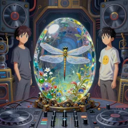 surreal gouache painting, by yoshitaka amano, by ruan jia, by Conrad roset, by good smile company, detailed anime 3d render of big transparent resin stone  in the center of the screen  with a  magical dragonfly inside.  dragonfly inside an esin stone,  esin stone on the Dj mixer, Surrounded by a big DJ Mixer, Controller deck,  portrait, cgsociety, artstation, rococo mechanical and Digital  and electronic, dieselpunk atmosphere