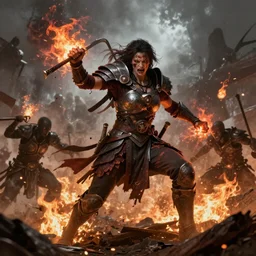 a beautiful brutal warrior brutally destroys his enemies on the battlefield, wrath flame and ruin, trending on artstation