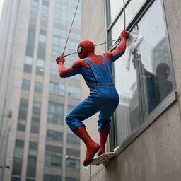 spider - man in overalls washes the window of a high skyscraper, realistic light, soft light, focus, depth of field, photorealism, 8 k quality, high quality, realistic style, old painting, classicism painting
