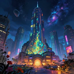 a beautiful photorealistic anime illustration of plaza city building by georges seurat, water alien sci - fi cgsociety tundra thermal imaging thermal vision nature dramatic lighting neon signs galactic at night apocalyptic postcyberpunk vice city flowers darkacademia azeroth retrowave landscape, archdaily, wallpaper, highly detailed, trending on artstation.