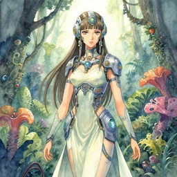 aztec scifi princess of the lichen rainforest, wearing a lovely dress with cyberpunk elements. this watercolor painting by the award - winning mangaka has an interesting color scheme, plenty of details and impeccable lighting.