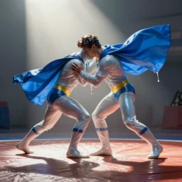 a superhero made of glue with a blue cape, wrestling